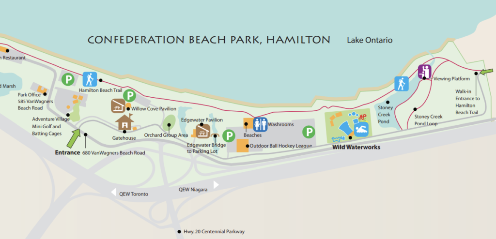 Map of Confederation Beach Park, Hamilton highlighting the park entrance at 680 Van Wagner`s Blvd, and the locations of the Willow Cove Pavillion, washrooms, and parking.